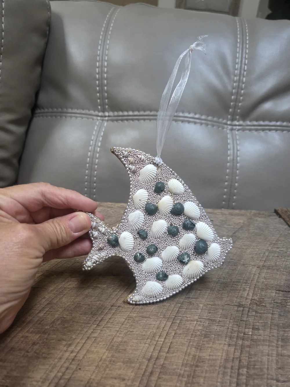 Seashell Fish Hanging Ornament - White & Green Accent